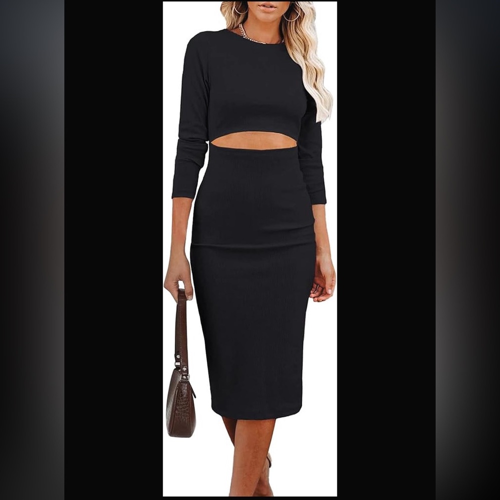 BLACK BODYCON LONG SLEEVE MIDI DRESS COCKTAIL CASUAL STRETCH KNIT FITTED PENCIL